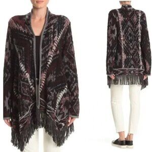 LUCKY BRAND Women Aztec Serape Sweater Sz M Black Red Long Sleeves Open Front